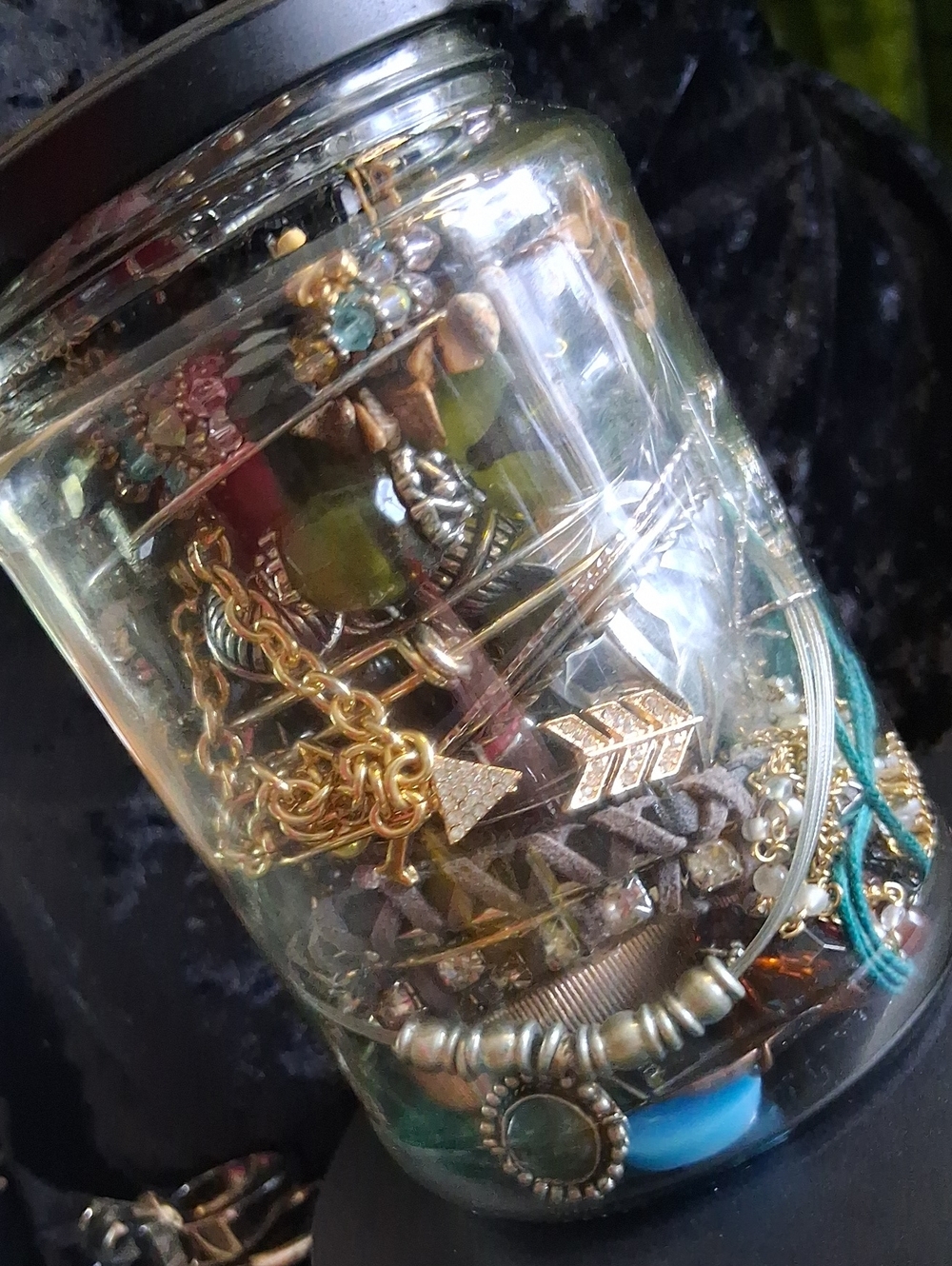 Mixed Lot Jewelry Jar Gold and Teal Mixed-Metal Reds Blues & More.